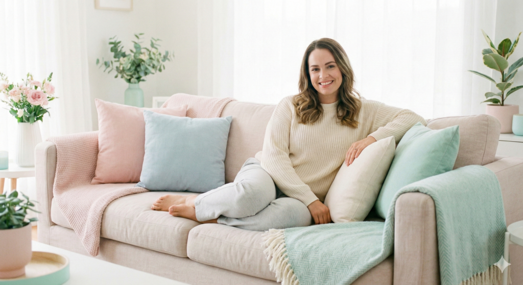 Hình ảnh một người phụ nữ trẻ (khoảng 30 tuổi) đang ngồi thư giãn trên ghế sofa, mỉm cười tự tin, trang phục ở nhà thoải mái, tông màu ảnh sáng, nhẹ nhàng (pastel) tạo cảm giác sạch sẽ và tinh tế.