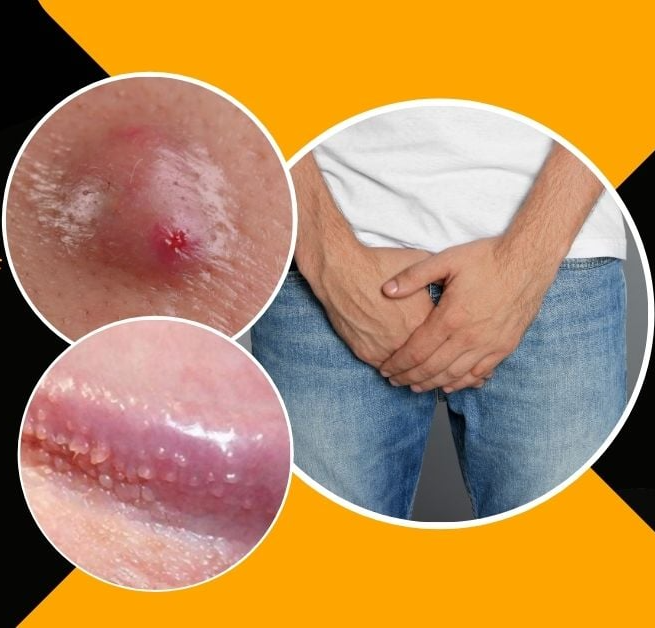 Hình minh họa vùng kín nam giới với các nốt mụn nhỏ do viêm nang lông.